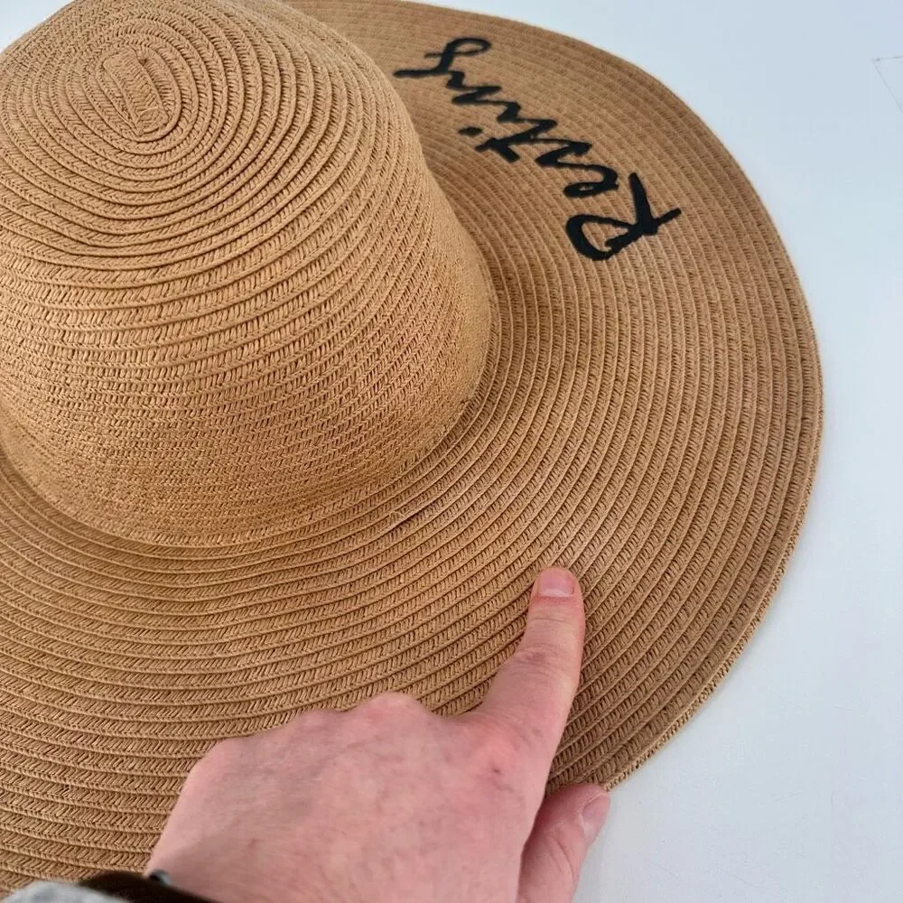 Vivian Collection Straw Wide Brim Floppy Sun‎ Hat Resting Beach Face Tan Black